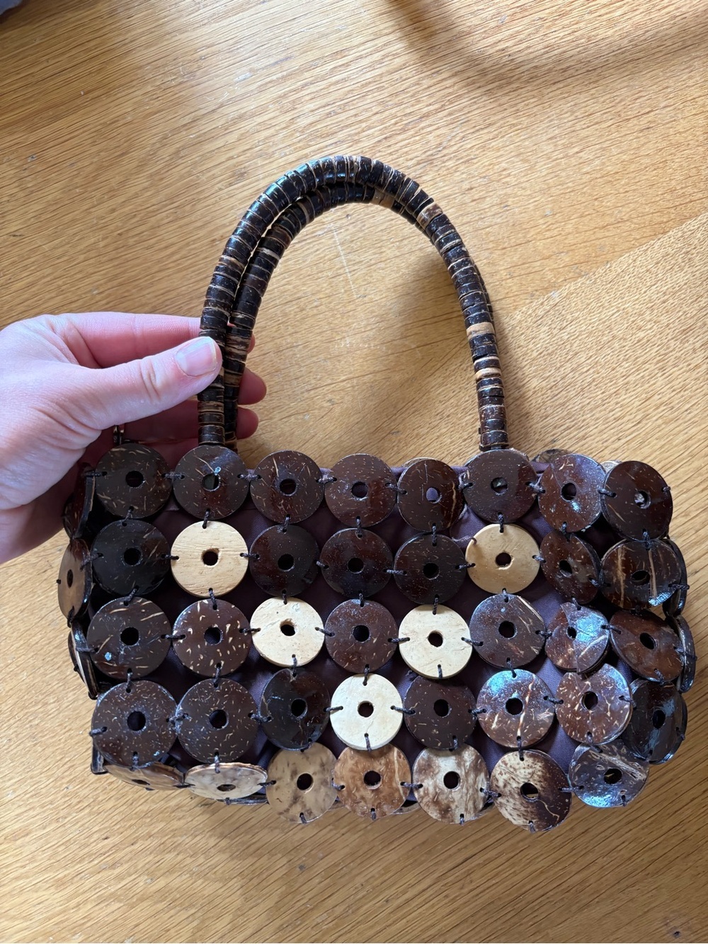 Handcrafted Y2K Vintage Brown Coconut Shell Beaded Mini Tote Purse 🥥